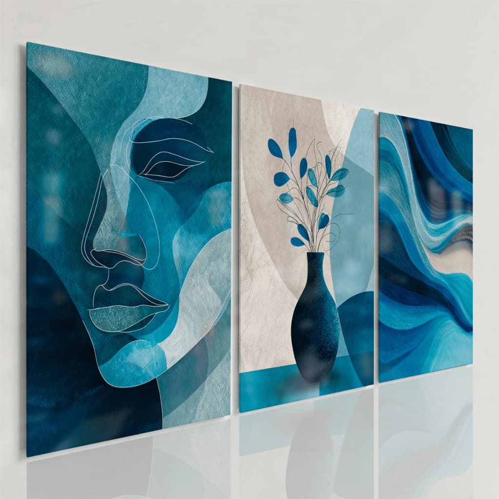 Quadros Decorativos Abstratos Azul Minimalista Rosto Contínuo Vaso Moderno Elegante