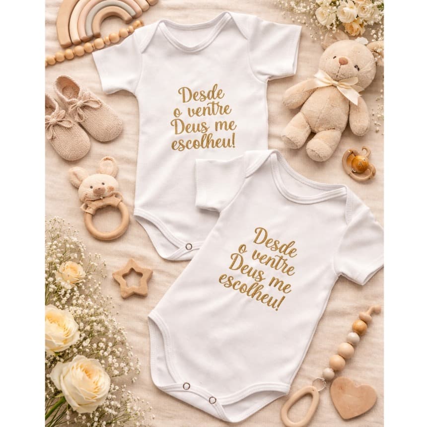Body Personalizado Bordado Frase Bíblica "Desde o ventre Deus me escolheu" para bebê Feminino ou Masculino Varias Cores