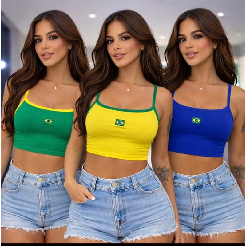 Cropped Brasil Feminino Verde e Amarelo Copa do Mundo Regata Alça Look Torcida