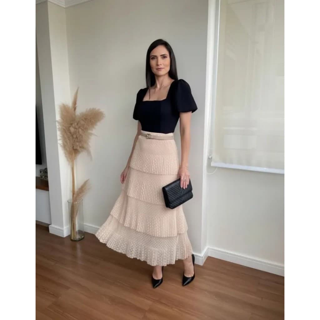 Saia Midi 4 Camadas Plissada Cos Alto Para Mulher Elegante