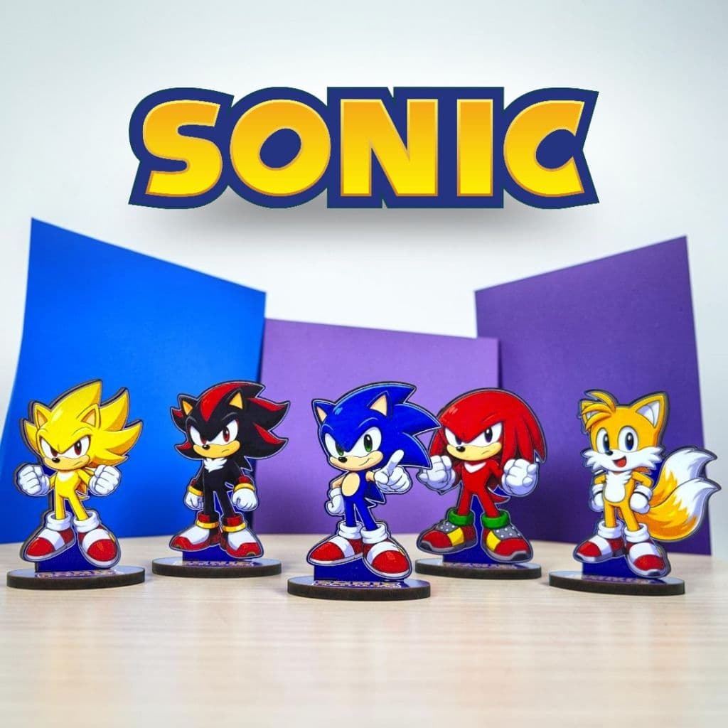 Kit 5 Totens 7CM Sonic em MDF – Sonic, Tails, Knuckles, Shadow e Super Sonic | Decoração