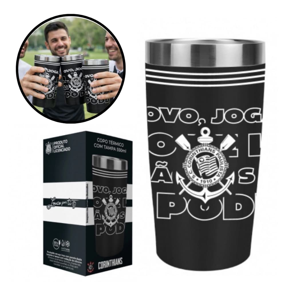 Copo Térmico Corinthians 550ml Aço Inox com Tampa Mantém Bebidas Quentes e Geladas