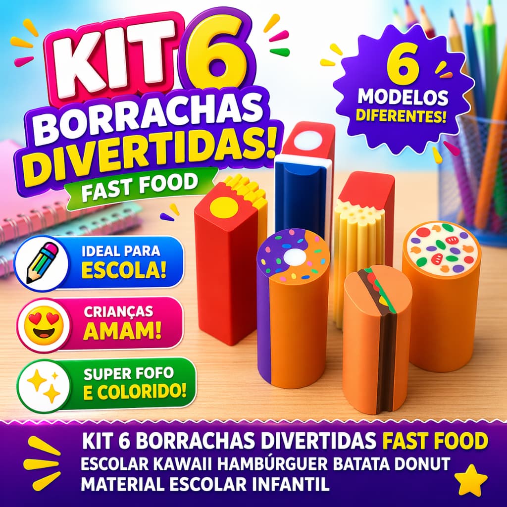 Kit 6 Borrachas Divertidas Fast Food Kawaii Escolar Hambúrguer Batata Donut Pizza Material Escolar Infantil Fofo