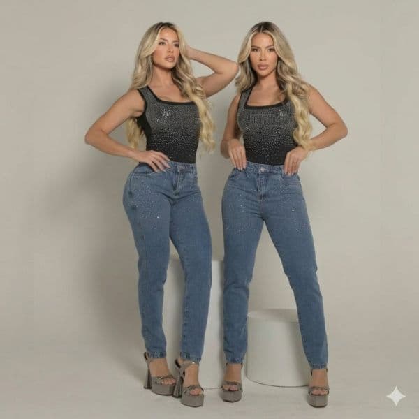 Calça Jeans Mom 100% Marmorizada Com Brilho Strass Premium de Bolso Forro