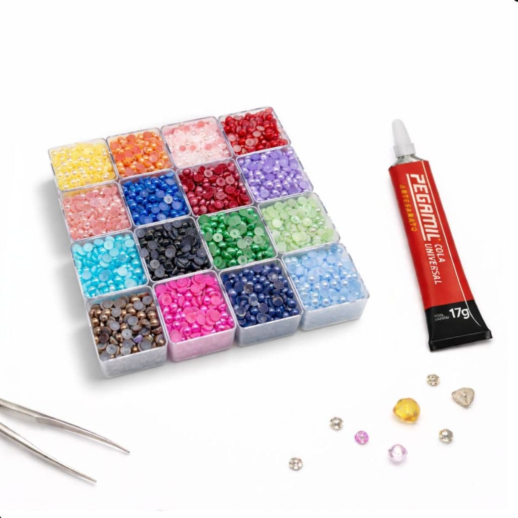 Kit Meia Pérola 6mm 18 Cores 1800 Un + Cola Pegamil Artesanato Para Scrapbook