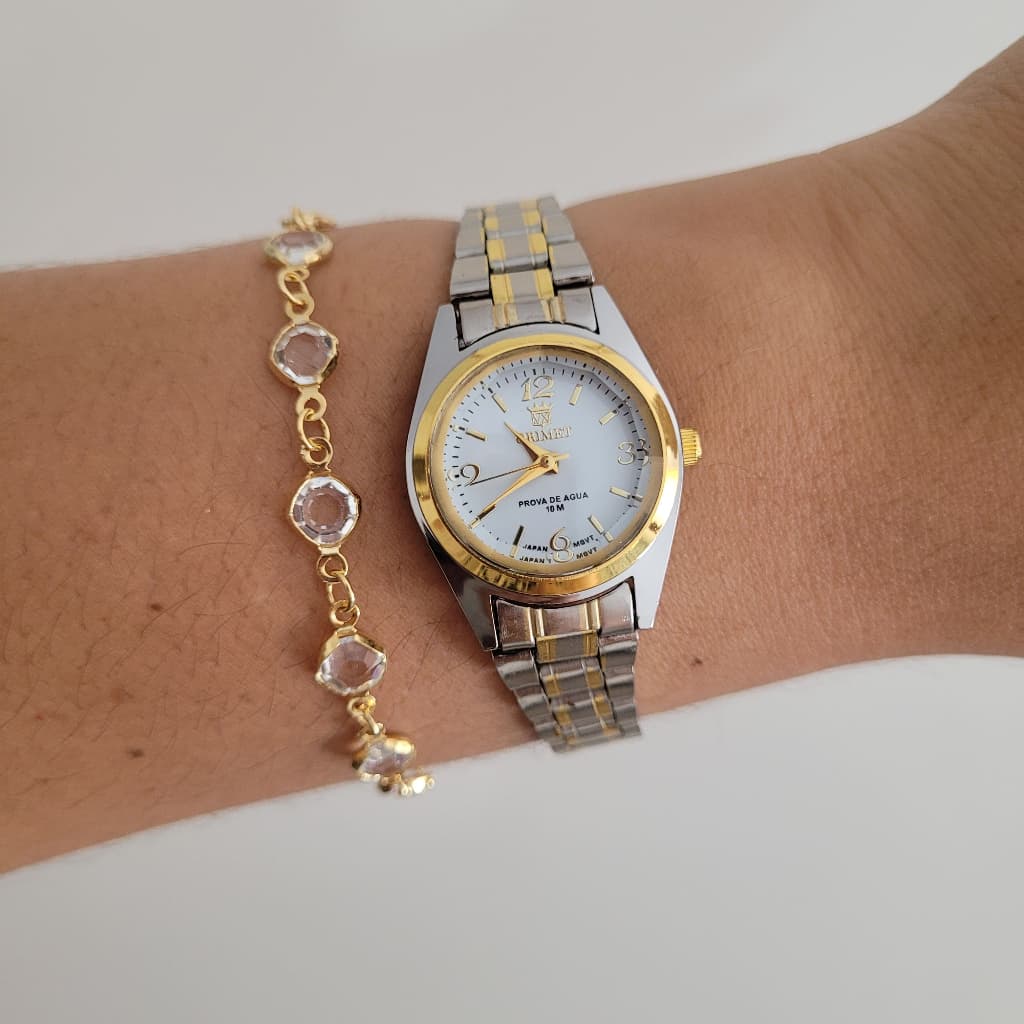 Kit Relógio Feminino Orimet Retro + Pulseira Ponto de Luz Cristal Banhado a Ouro 18K