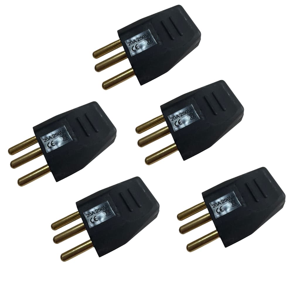 Plug Macho 20 Amper 180 Grau Preto 3 Pinos P/ Extensao 5 Pçs
