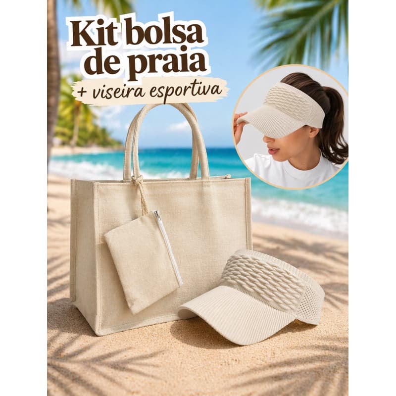 Kit Bolsa de Praia Grande Com Zíper + Viseira Esportiva Verão Corrida Piscina