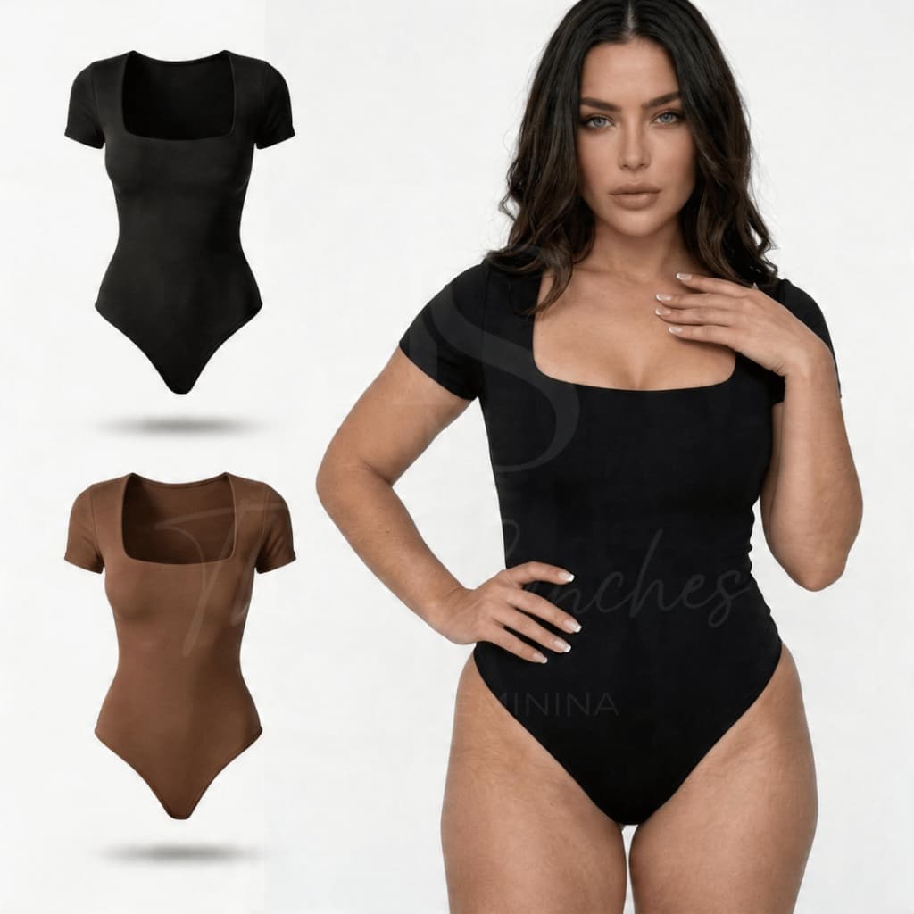 KIT 2 Body Manga Curta Decote Quadrado Manguinha Forrado Suplex Premium Elegante Estilo Blogueira