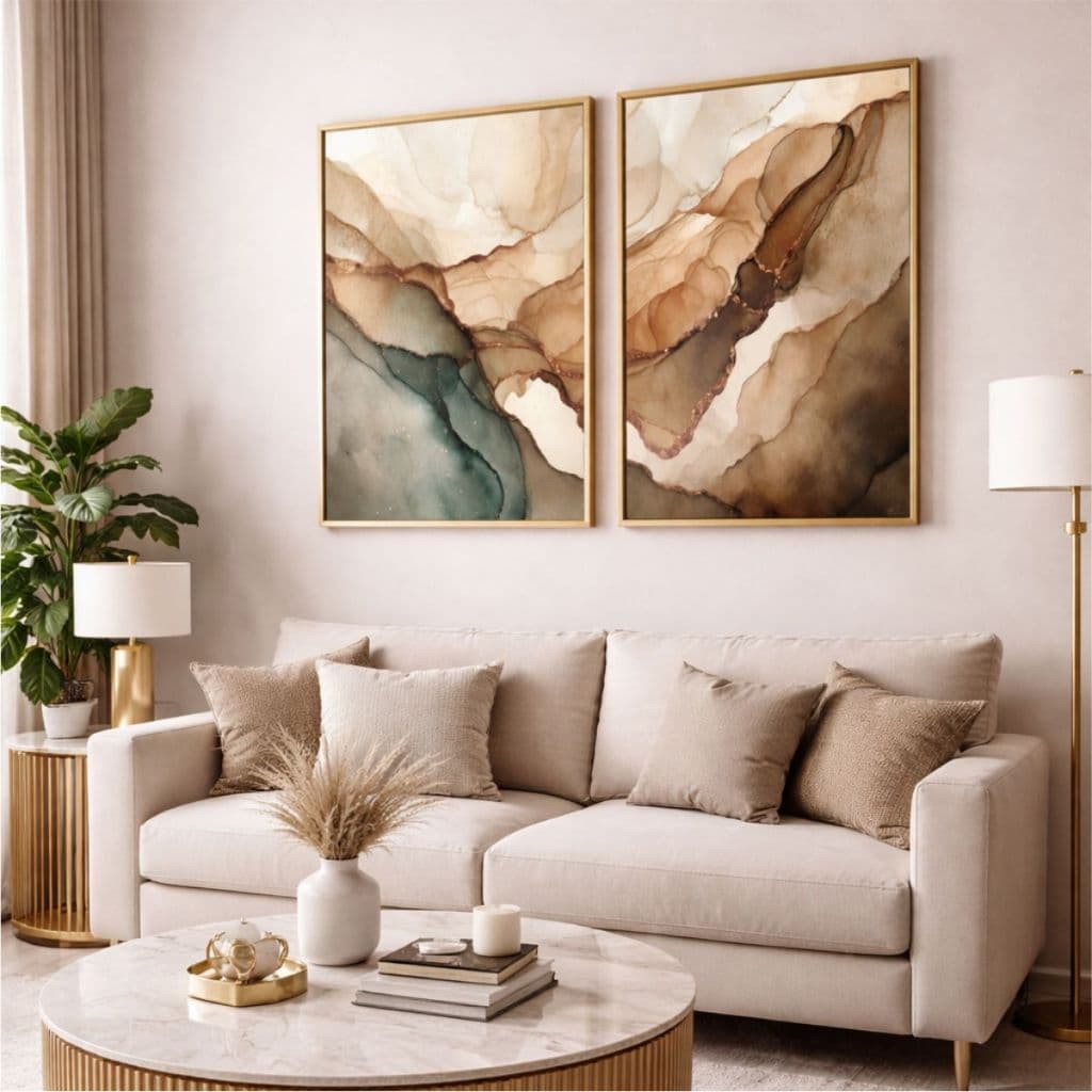 Kit Decorativo Quadro Moldura Vidro Duas Peças Abstrato Elegante Marrom Bege Quarto Sala Escritório
