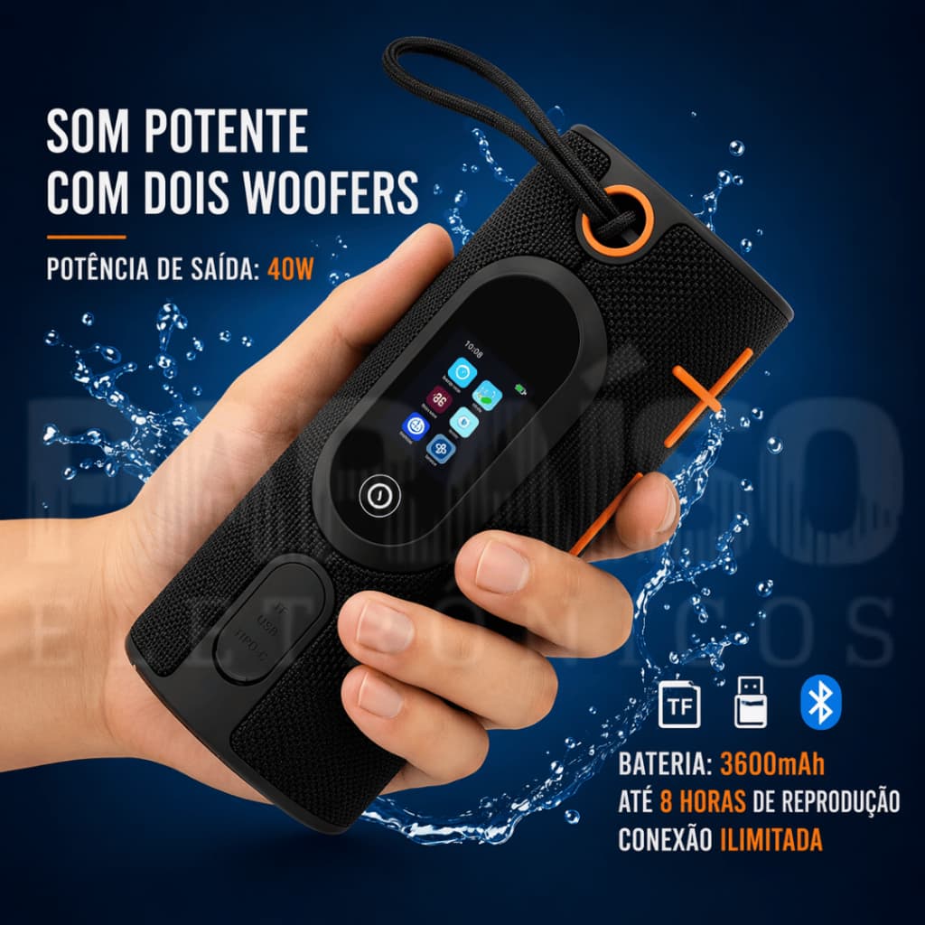 Caixa de Som Tela Touch 40W Portátil Bluetooth Potente A Prova d'Água H'maston TN920 Lançamento
