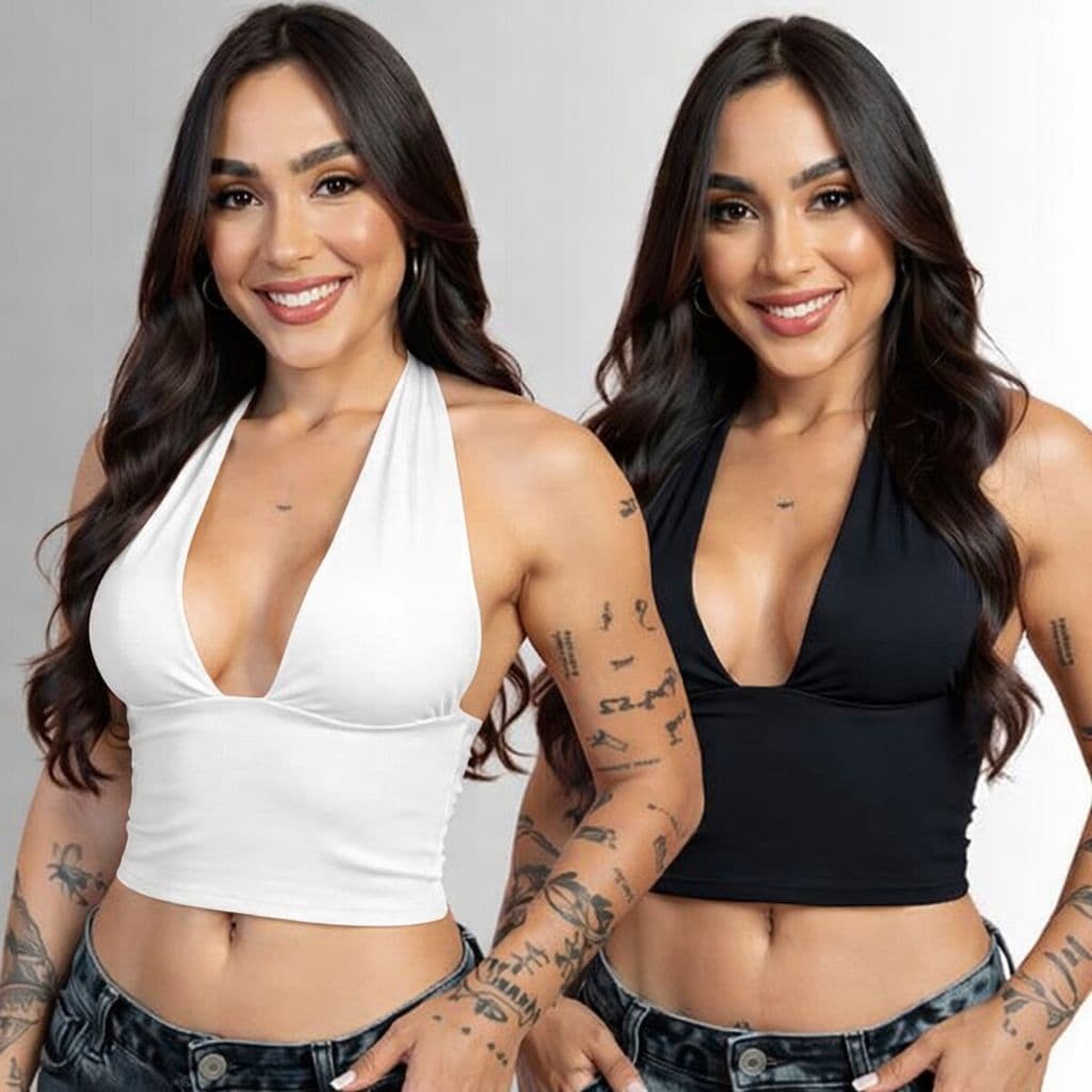 Kit 2 Blusa Cropped Amarração Multiformas Decote Forado Suplex Premium Não Transparente Moda Gringa Decotado Sustentação
