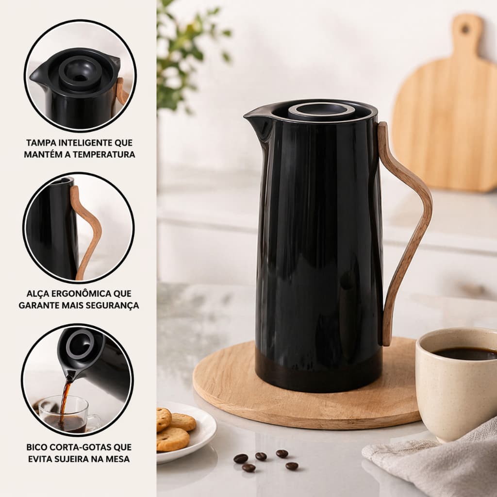 Garrafa Térmica Kyoto 1 Litro Preta Isolamento Térmico Para Café Chá Bebidas Achadinhos