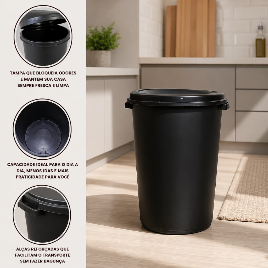 Lixeira Grande 35L ou 60L Preta Multiuso Com Tampa Resistente Para Casa Cozinha Quintal Achadinhos