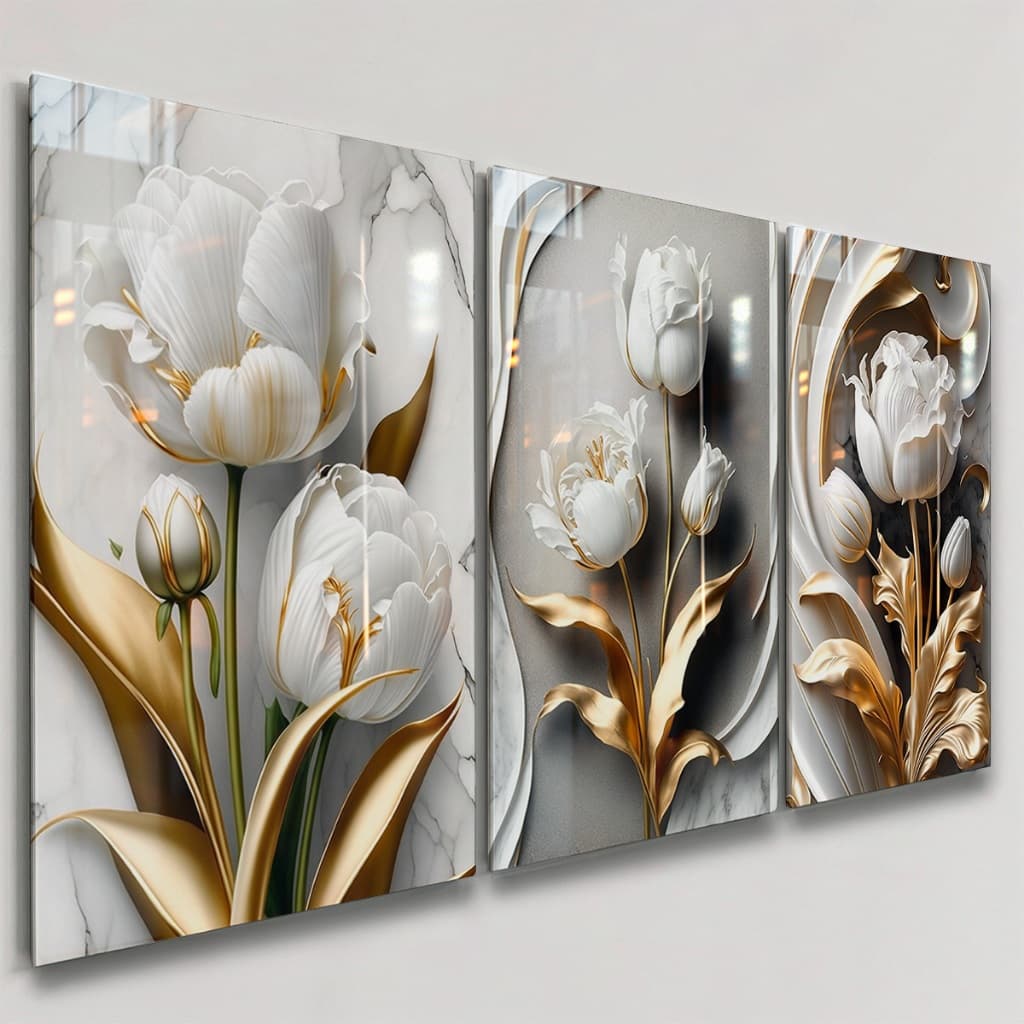 Quadros Decorativos 3 Peças Flor Tulipa Branca Mármore Dourado Ouro Casa Sala Quarto Decoração Parede