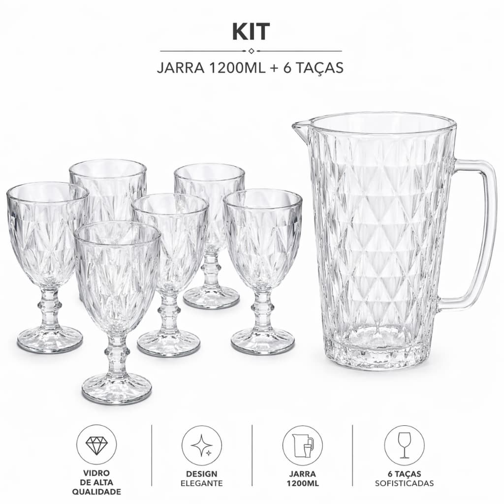 Kit Jarra de Vidro 1200ml + 6 Taças Diamond 7 Peças