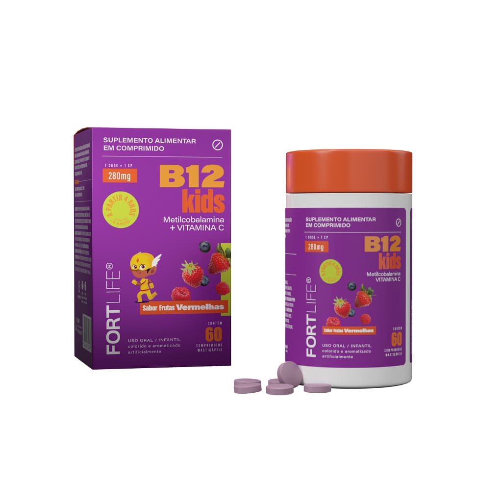 Vitamina B12 Kids Metilcobalamina + Vitamina C 280mg 60 Comprimidos Mastigáveis Infantil FORTLIFE