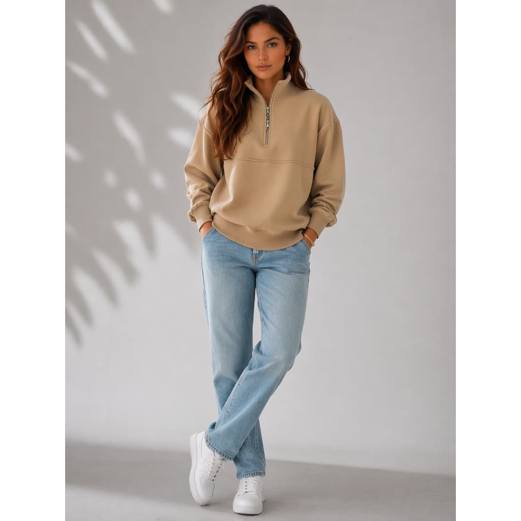Blusa de Moletom Feminino Casual Com Zíper Básica Lisa Blusa de Moletinho Feminina Gola Zíper Casual