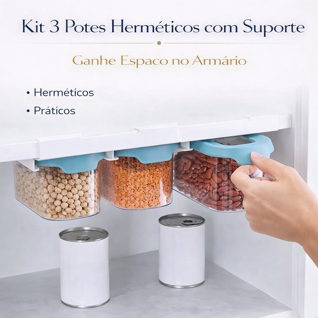 Kit 3 Potes Herméticos 900ml Com Suporte Organizador Armário Cozinha Mantimentos