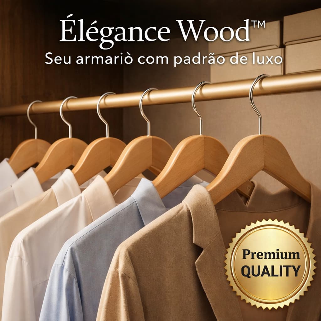 Cabide de Madeira Premium Kit 3 Unidades Élégance Wood Antideslizante Resistente Luxo Organizador de Roupas