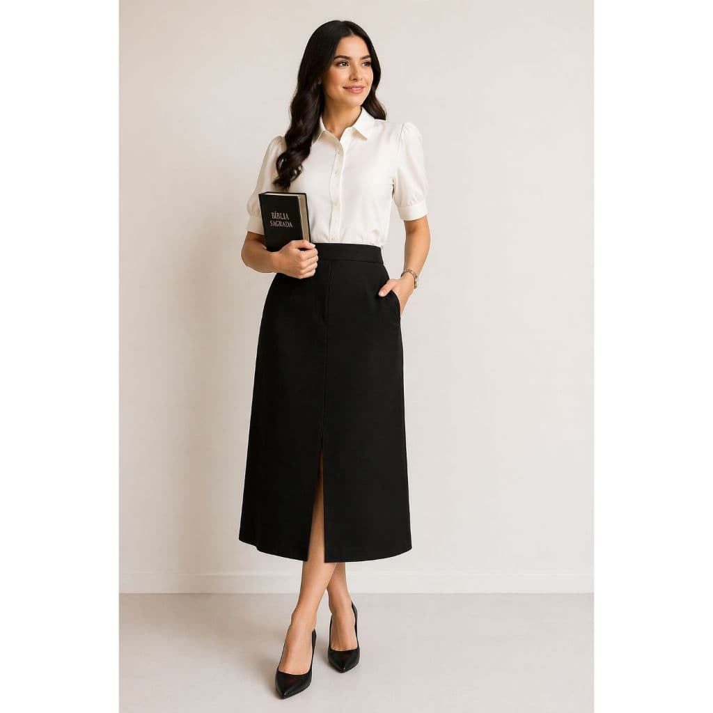 Saia Midi Evangélica Linho Feminina Elegante Social Virtuosa Para Igreja Com Bolso Fenda Discreta Elástico Atrás M ao GG