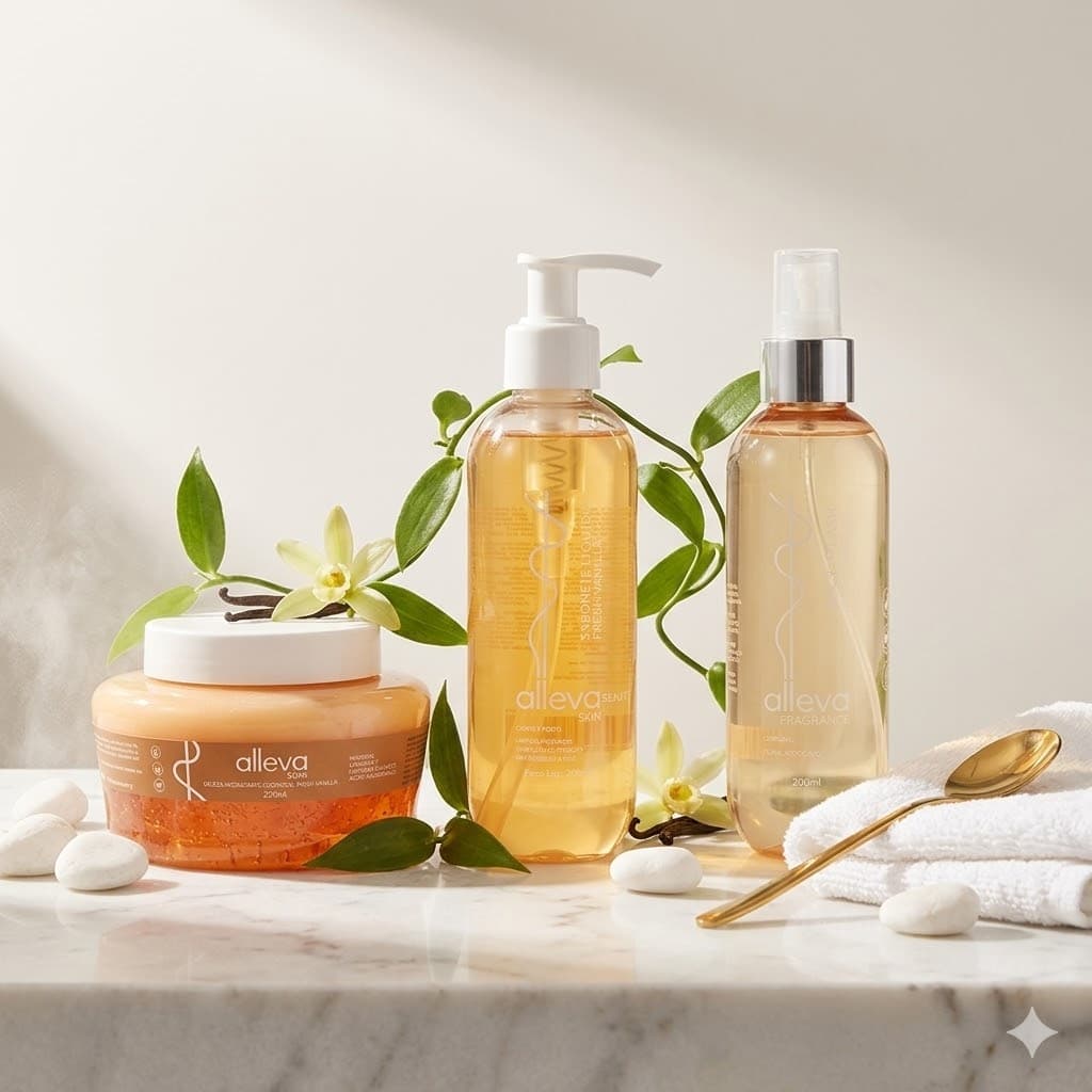 Hidratante Corpo e Rosto Alleva +Sabonete Líquido, Body Splash Hidratação Intensa, Perfume Duradouro