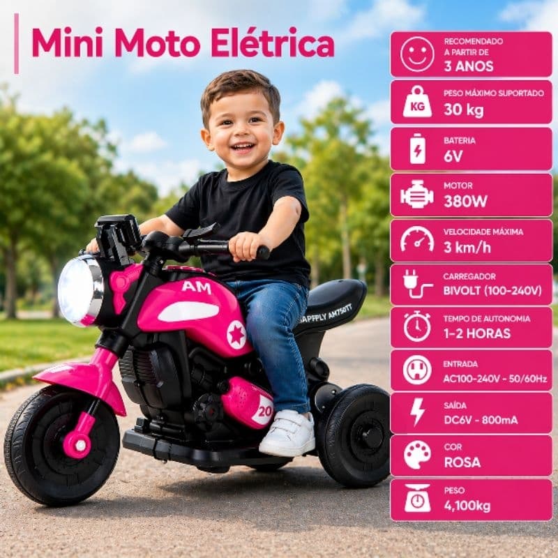 Mini Moto Elétrica Infantil Rosa Daily – Motorizada, Recarregável, Segura, Ideal para Crianças