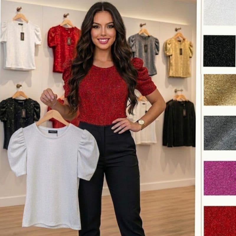 Blusa brilhosa com manga bufante blusa feminina com gliter em lurex blusinha brilhosa noite