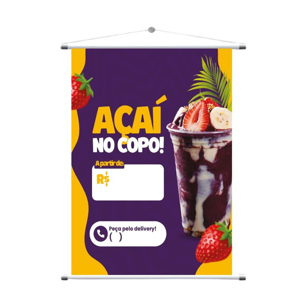 Banner Açaí no Copo Personalizado | Lona Promocional para Açaíteria | Arte Pronta Delivery
