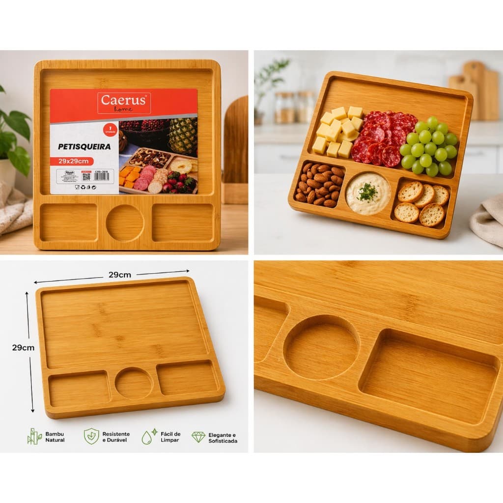 Petisqueira  Tabua Bandeja Quadrada 4 Divisórias Petiscos Frios Churrasco 29x29cm