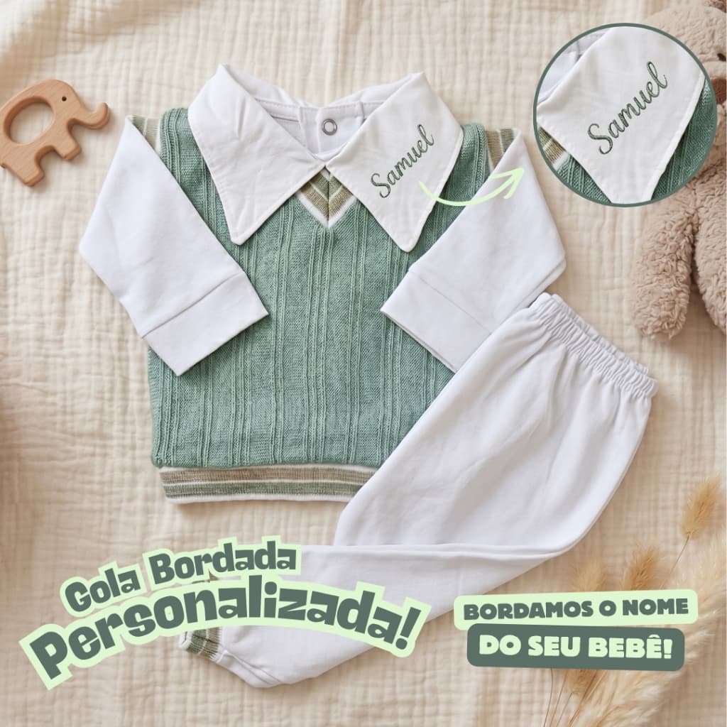 Conjunto Bebê Personalizado Menino Pagão Suéter + Body Gola Bordada + Calça RN
