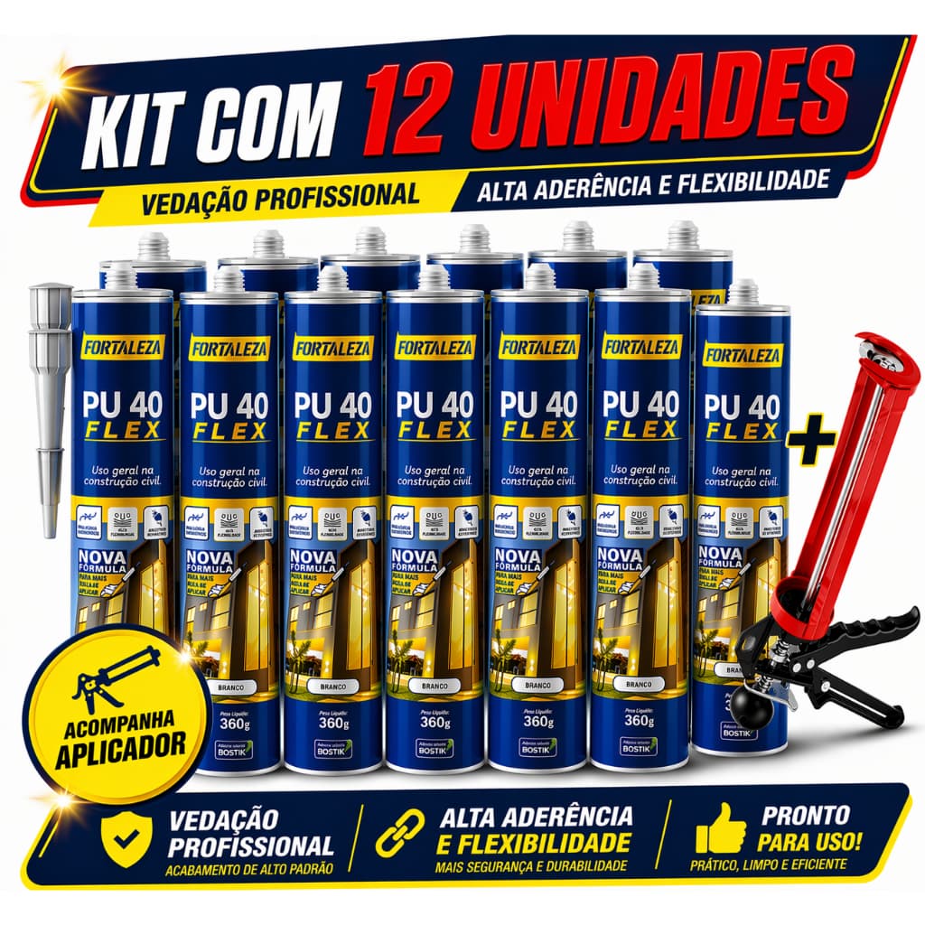 Kit  12 Cola PU40 +1  Aplicador Reforçado Branco Cinza Preto Pedras Vidros Metais Placas 3D Madeira