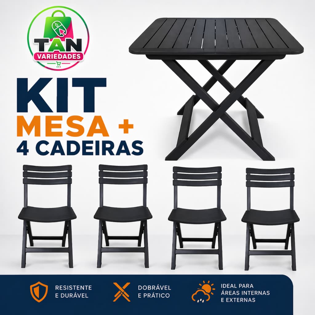 Kit Mesa Mais 4 Cadeiras Plásticas Dobráveis Resistente Área Externa Interna Preto Arqplast