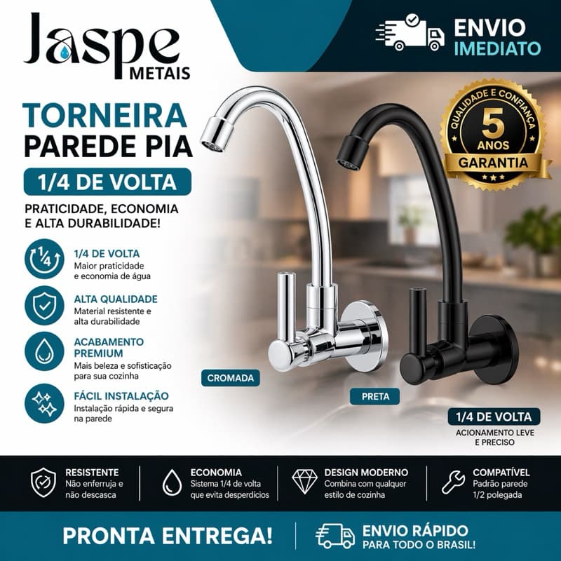 Torneira de Parede ABS Cozinha Gourmet | Preta ou Cromada 1/4‑volta"