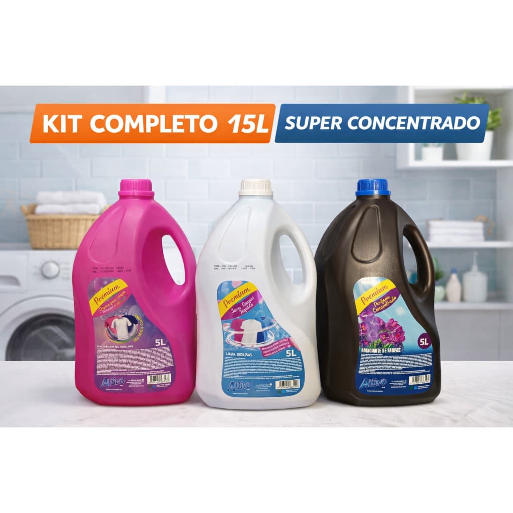 Kit Lava Roupas Premium 15L Attivo (3x5L) – Lava + Amacia + Tira Manchas Sem Cloro | Super Concentrado | Alto Rendimento