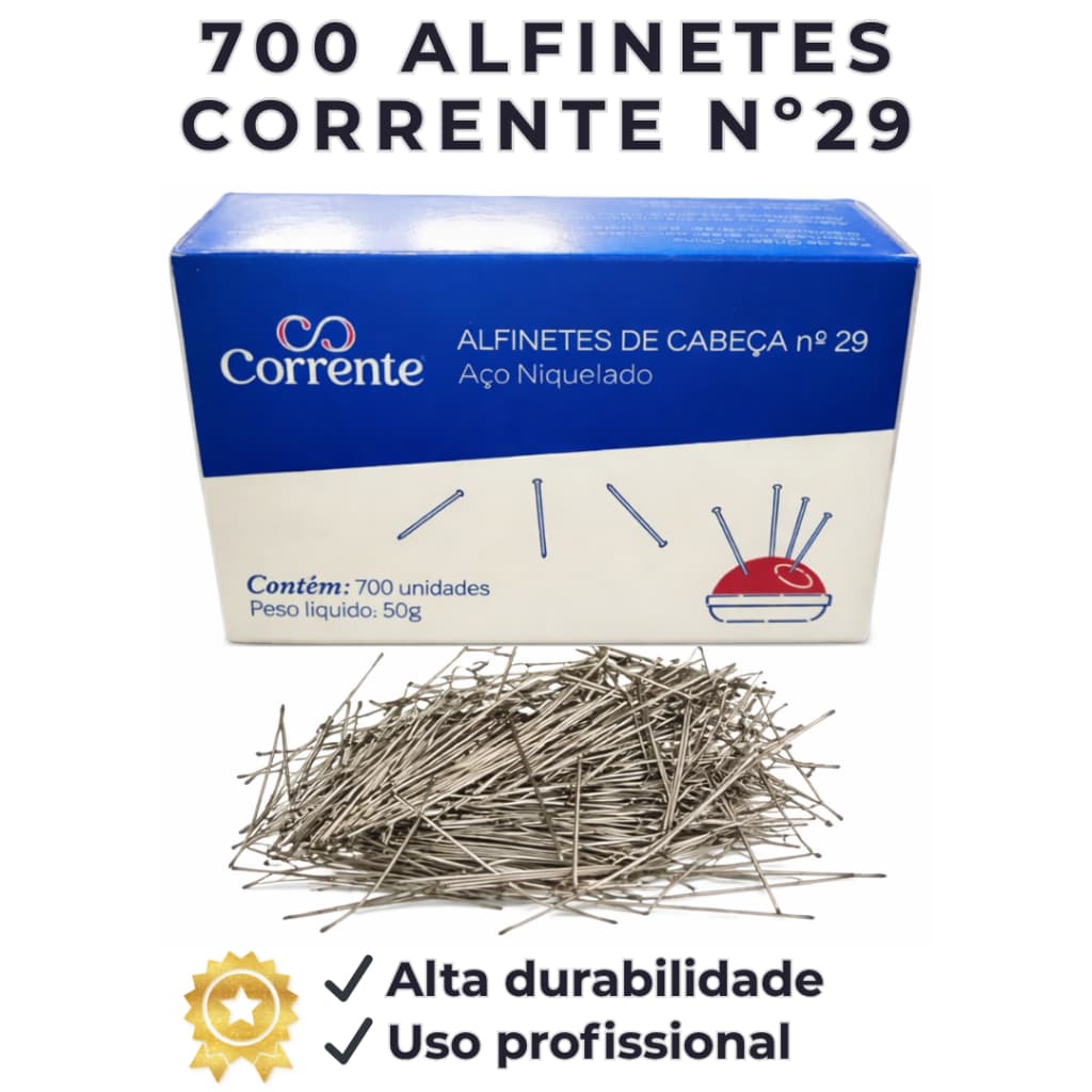 Alfinete de Costura nº 29 Corrente – Alfinete para Roupa em Aço Niquelado com 700 Unidades NOVA EMBALAGEM
