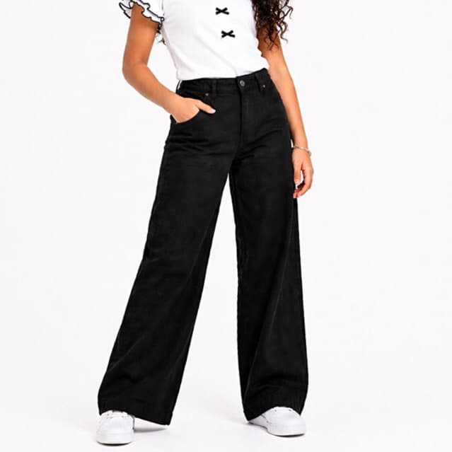 Calça jeans preta wide leg tecido jeans algodao preto para meninas de 4 a 10 anos