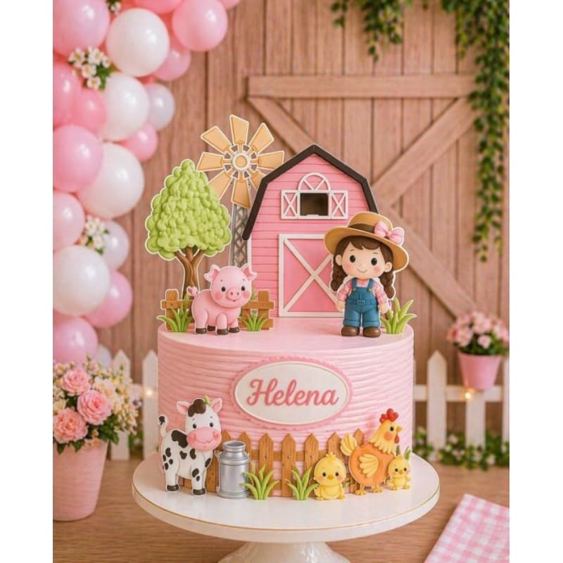 Topo de Bolo Fazendinha Menina Personalizado com Nome – Topper Fazendinha Rosa – Festa Infantil – Tema Fazenda Menina