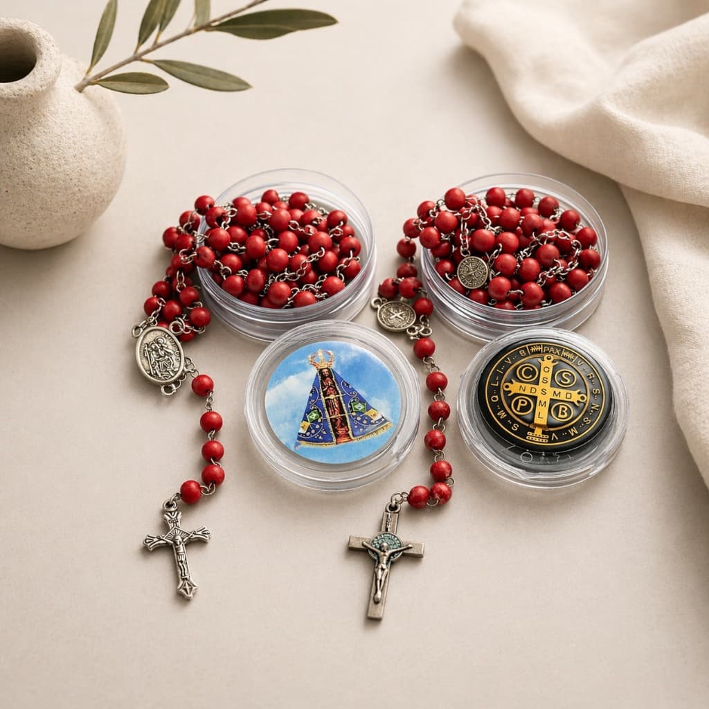 Kit 3 Terços Perfumados da Nossa Senhora Aparecida Com Caixinha e Medalha de São Bento