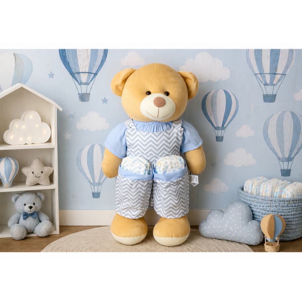 Porta Fraldas Urso Pelúcia Macacão Xadrez - Quarto Do Bebê