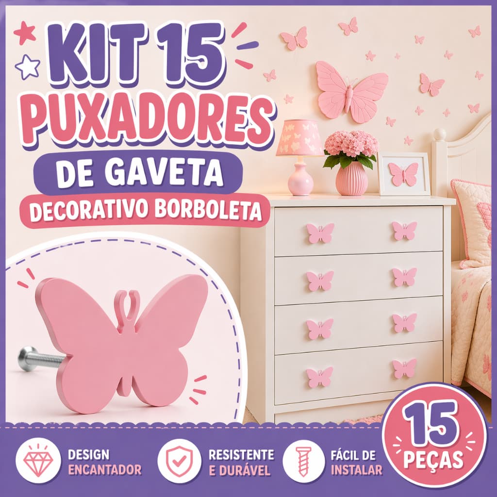 Kit 15 Puxadores de Gaveta Borboleta Infantil para Gaveta Armário Decoração Quarto