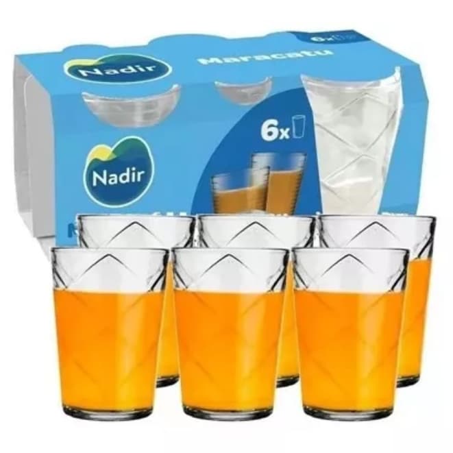 Jogo de Copos Conjunto 6 Unidades Copo Vidro Nadir 265ml Cristal Decorado Linhas em Relevo Cozinha