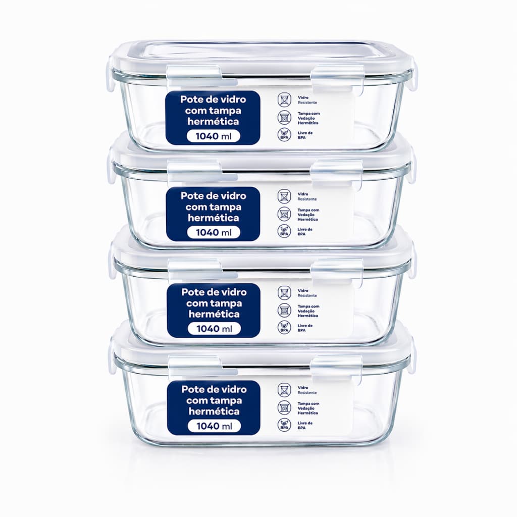 Kit 4 Potes Vidro 1040ml Hermético Marmita Forno Refratário Transparente