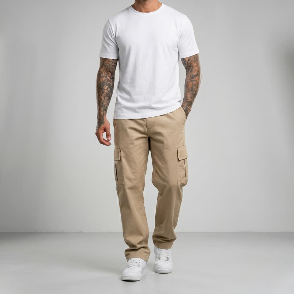 Calça Cargo Masculina Sarja 5 Bolsos Larga Skatista Areia Oversized Streetwear