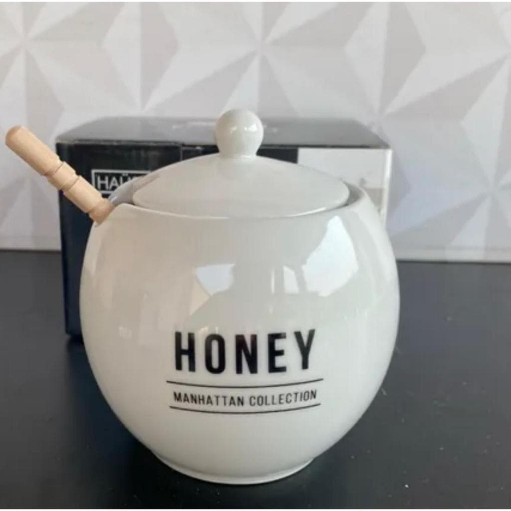 Pote de Mel com Colher de Madeira e Tampa | Porta Mel Elegante Cozinha