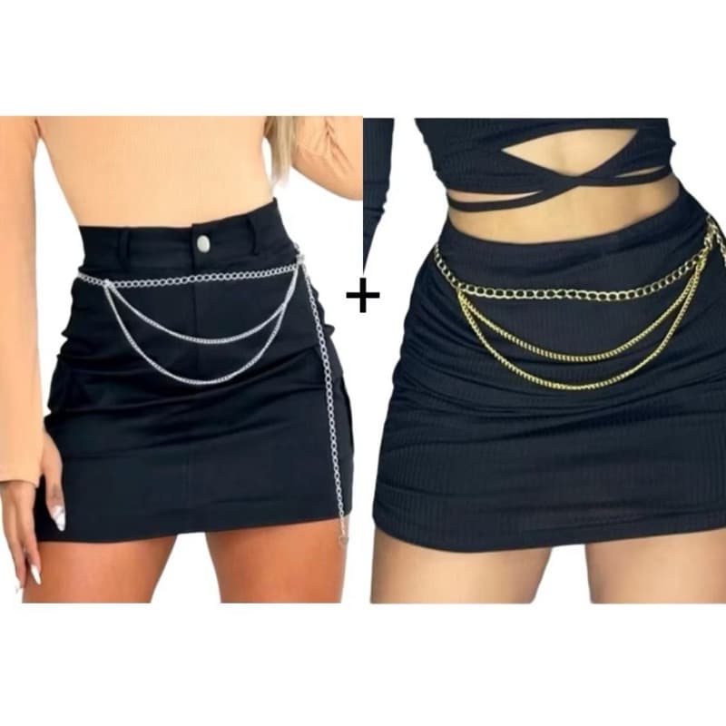 kit 2 Cinto Feminino Corrente  Adulto Tamanho Único  Moda Gringa Tendencia Prata ou Dourado