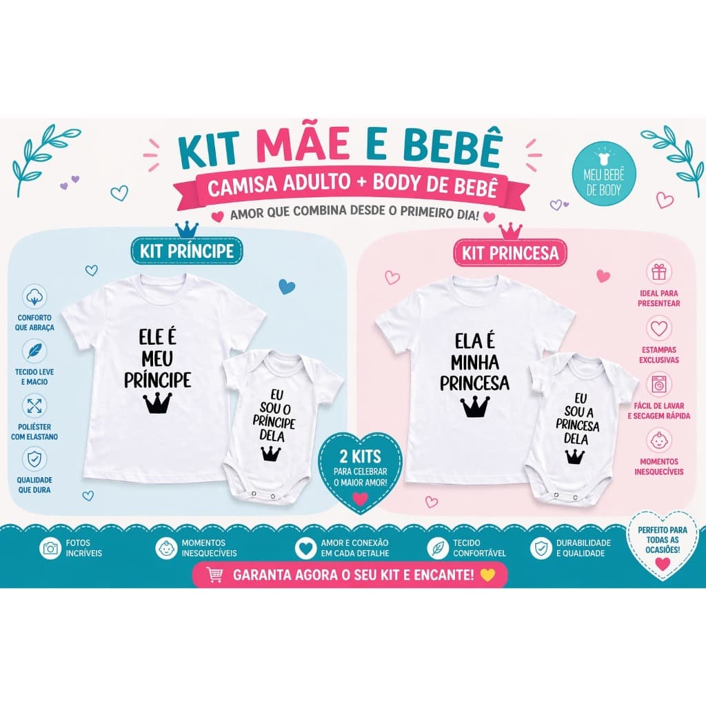Kit Mãe e Filho(a) Camisa Mãe + Body Bebê Príncipe/Princesa – Conjunto Mãe e Filho(a) Fofo