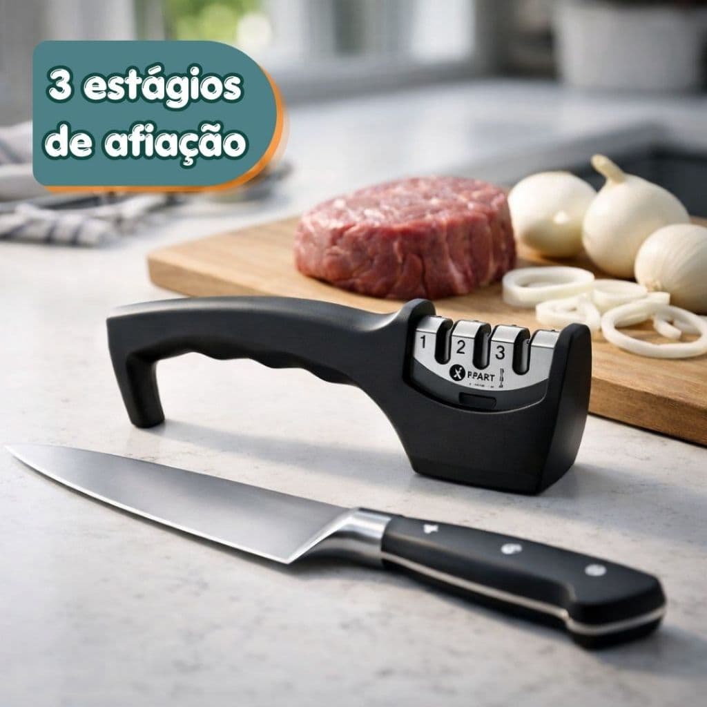 Afiador Amolador Fio Faca 3 Estágios Preto Aço Inox Profissional Rápido Seguro Cozinha