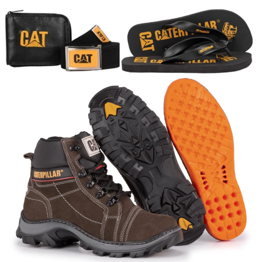 Kit Caterpillar Bota De Couro Chinelo Carteira e Cinto Perfeito Para Trabalho