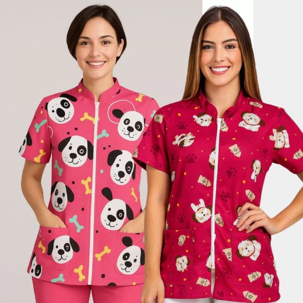 Scrub Jaleco Veterinário com Zíper Uniforme Petshop e Clínica | Tecido oxford estampado